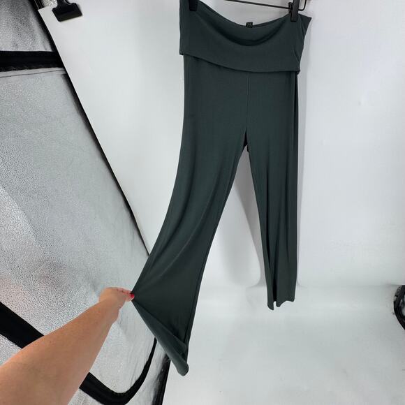 SKIMS Ribbed Foldover Pants Green Wide Leg Lounge Yoga Casual Women’s Size L - Picture 5 of 6